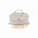 Wholesale tweed vanity box bag gold chain strap top zip closure knotted top hand