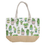 Wholesale canvas tote bag cactus print top zipper closure rope handles lining in