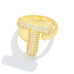 Wholesale pave Cubic Zirconia Initial Ring K Gold Plated Adjustable