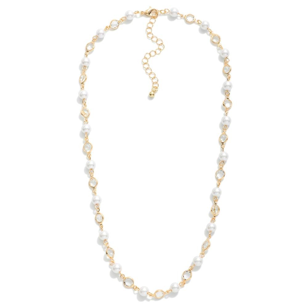Pearl & Glass Crystal Linked Metal Tone Necklace Approximately 16" L