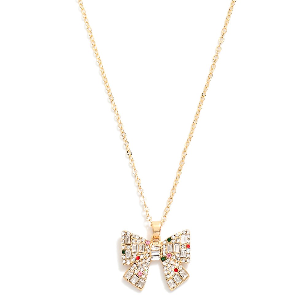 Chain Link Necklace Featuring Rhinestone Studded Bow Pendant ...