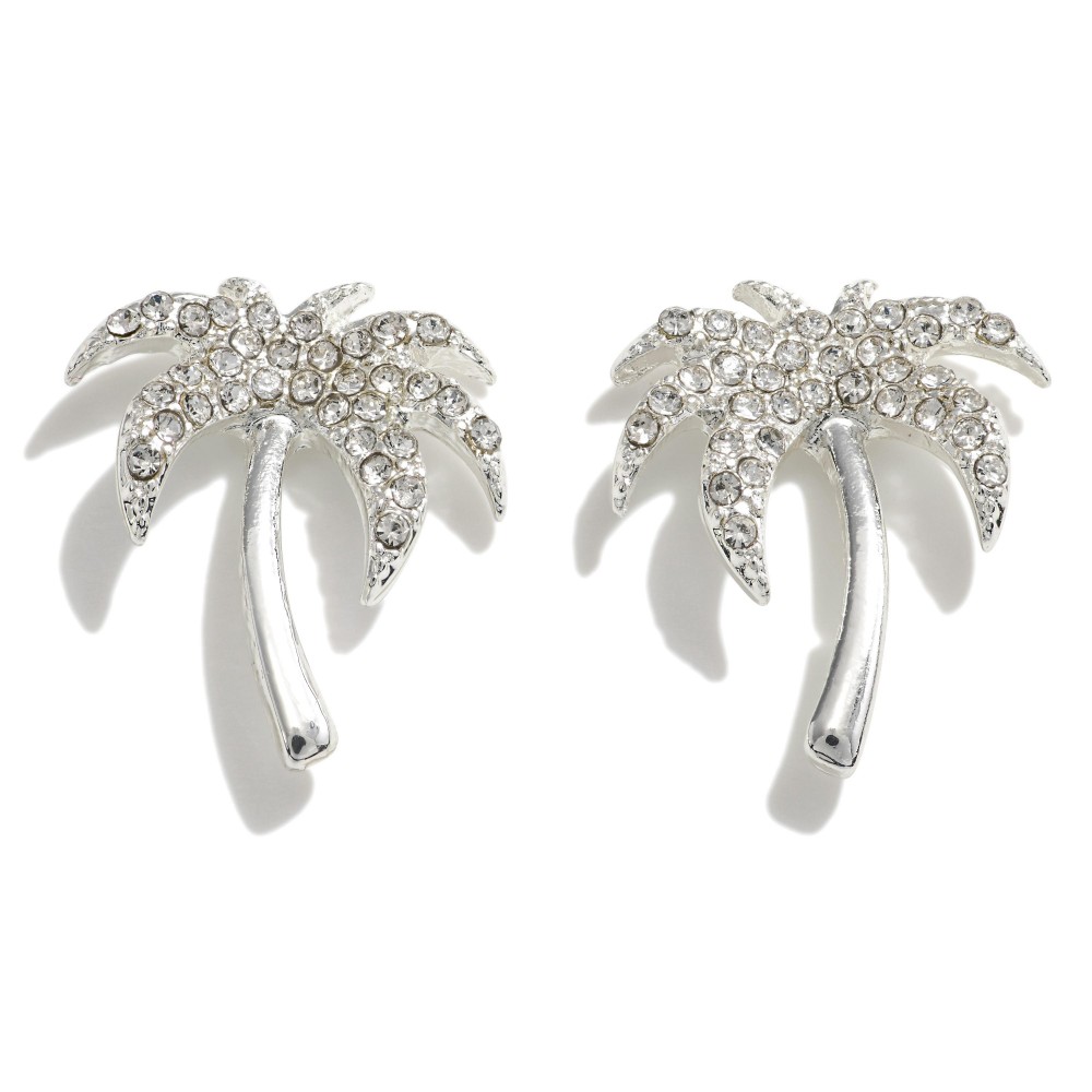 Rhinestone Studded Palm Tree Stud Earrings - Approximately 0.75