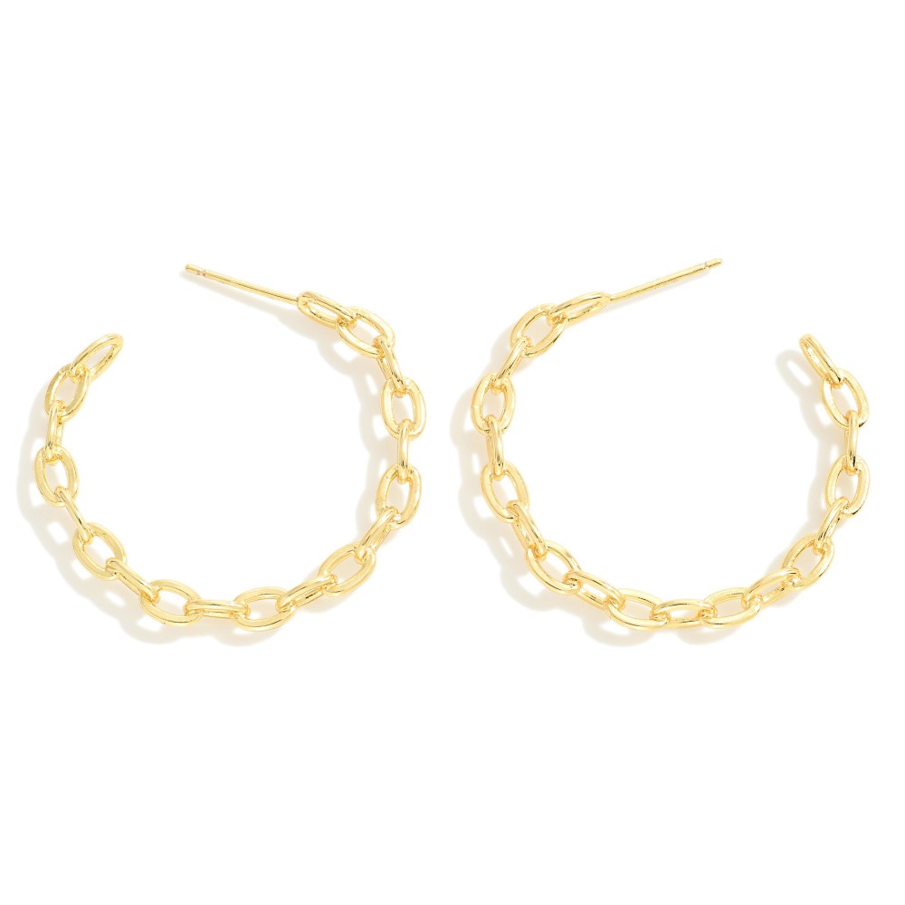 Gold Dipped Stationary Chain Link Hoop Earrings Brass Base