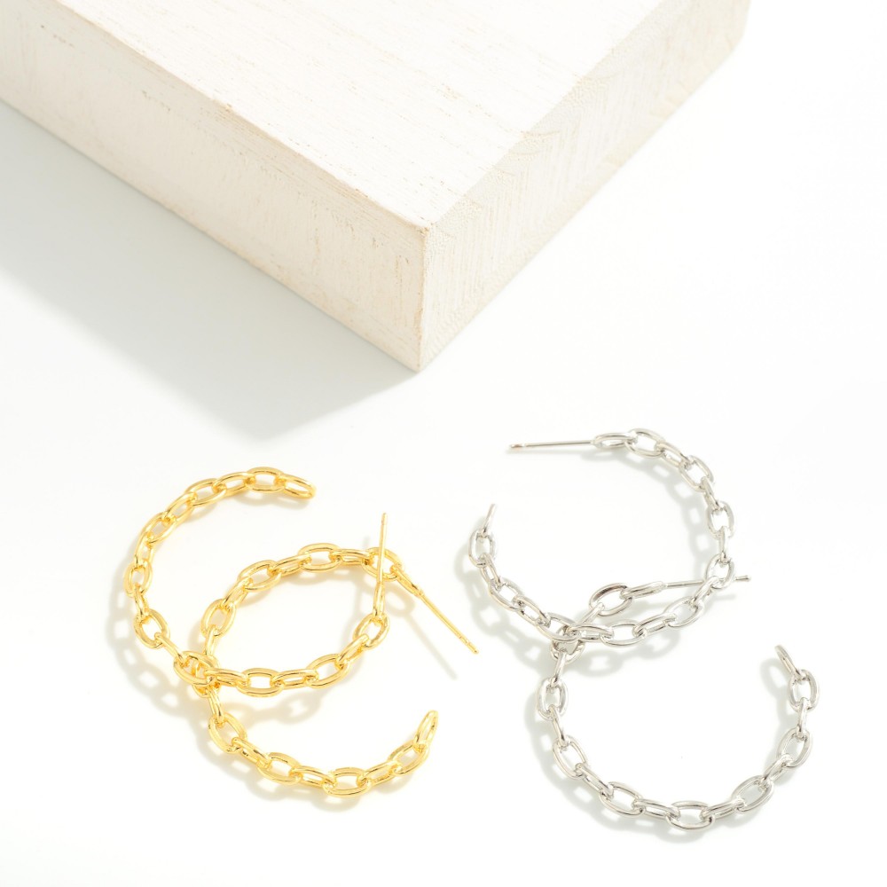 Gold Dipped Stationary Chain Link Hoop Earrings Brass Base