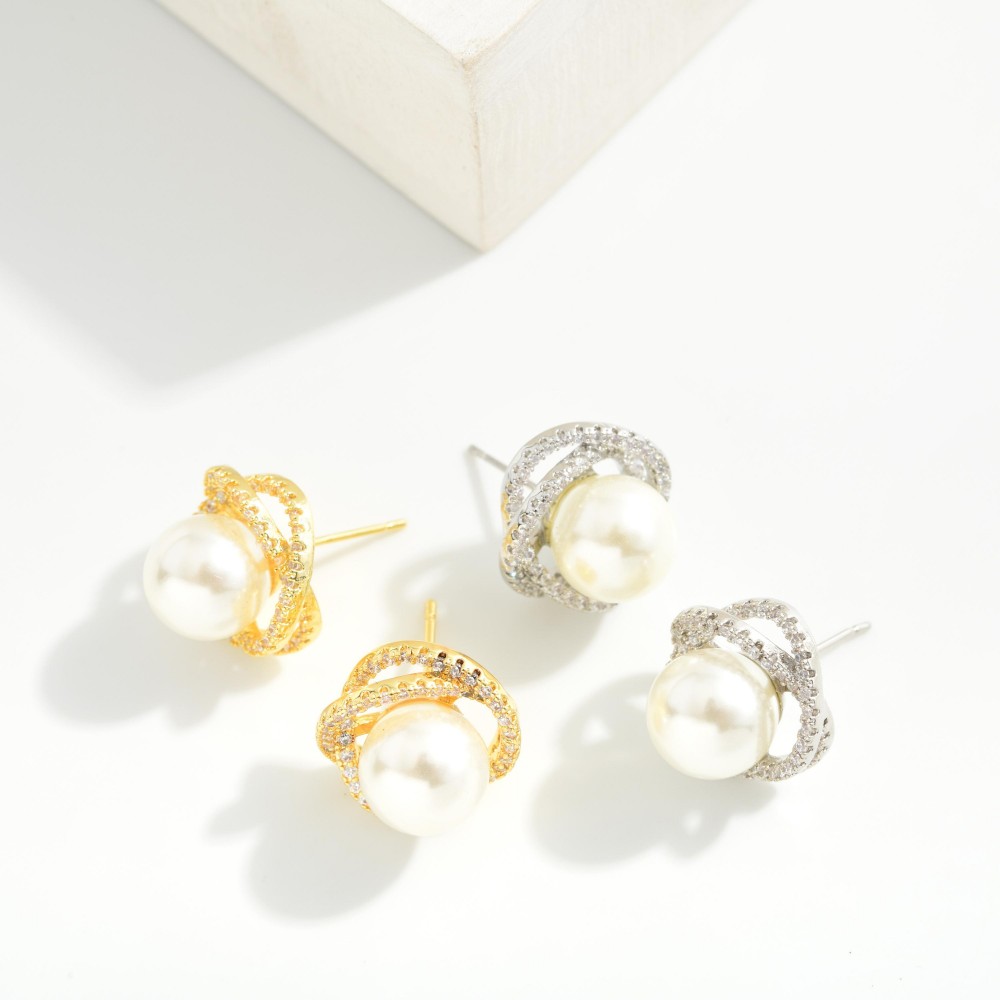 Do Everything in Love Perl Stud Earrings With Gold Dipped Cubic