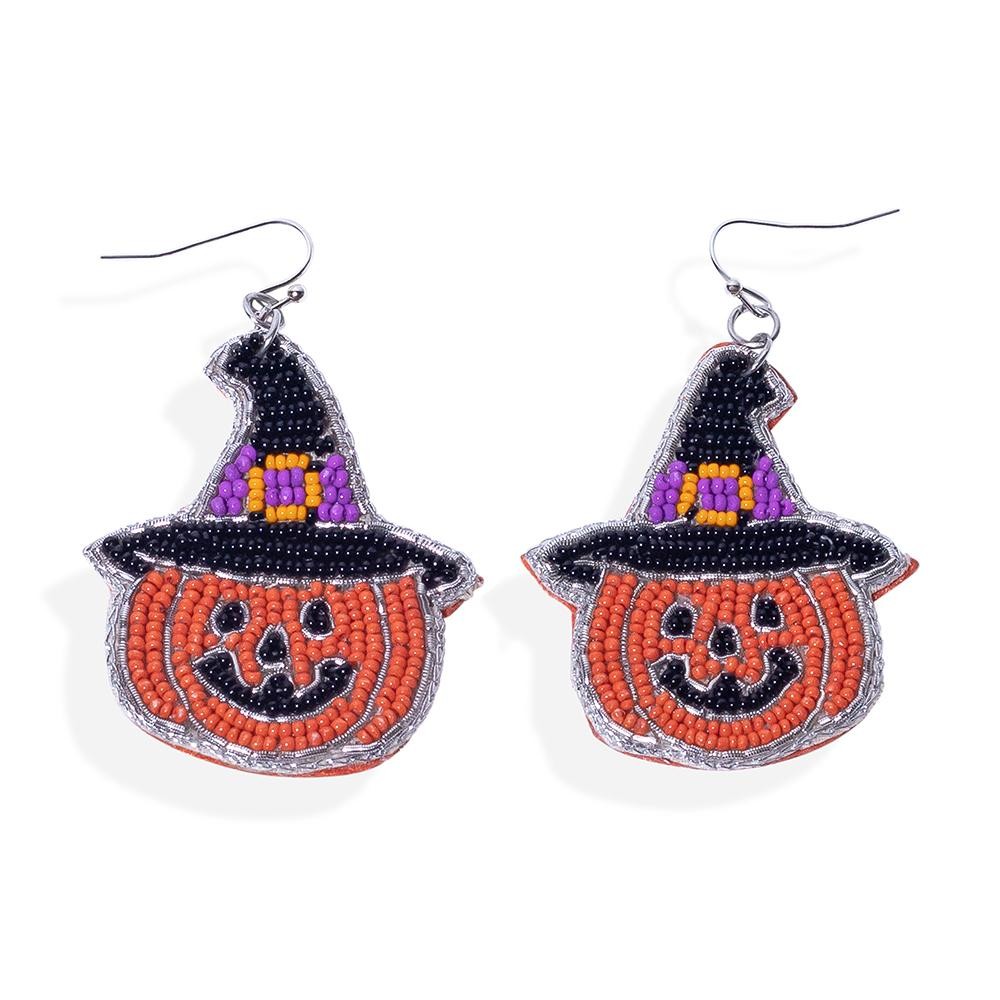 Seed Bead Jack-O'-Lantern Witch Post Drop Earrings - Approximately 2.25" L view 2