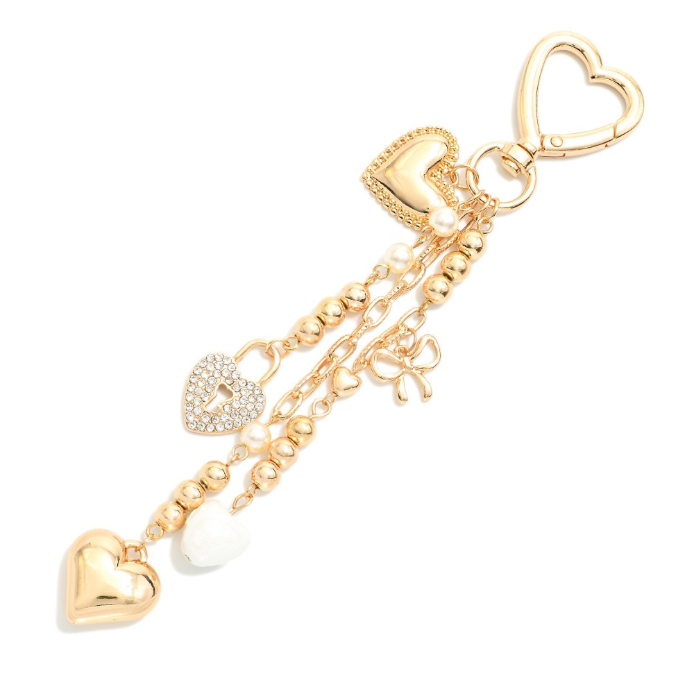 Valentine's Key Ring Featuring Metal Tone Hearts & Pearls - Approximately 6.5" L view 2