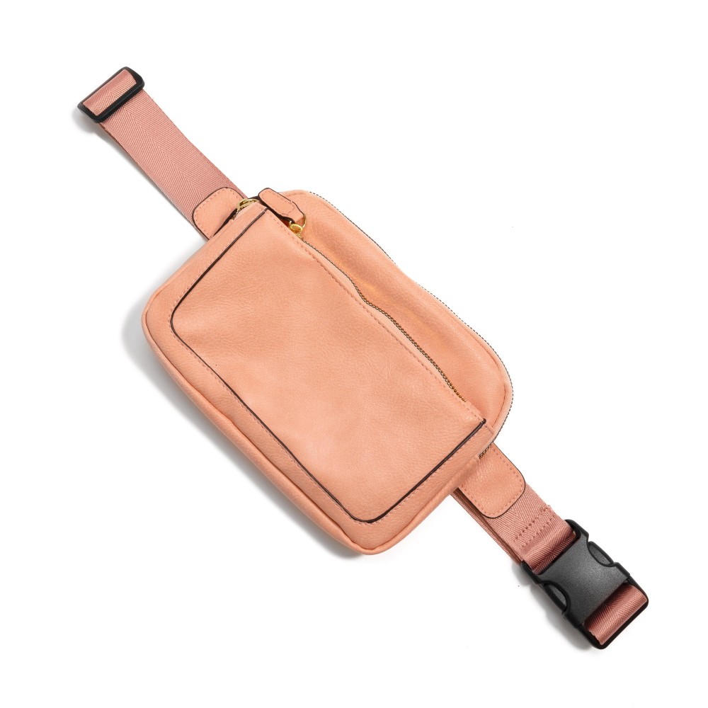 Faux Leather Cross Body Sling Bag With Front Pocket And Adjustable Buckle Strap - Three Zip Pockets - Two Inner Mesh Pockets - Approximately 8.5"W x 6"H x 1.5"D view 2