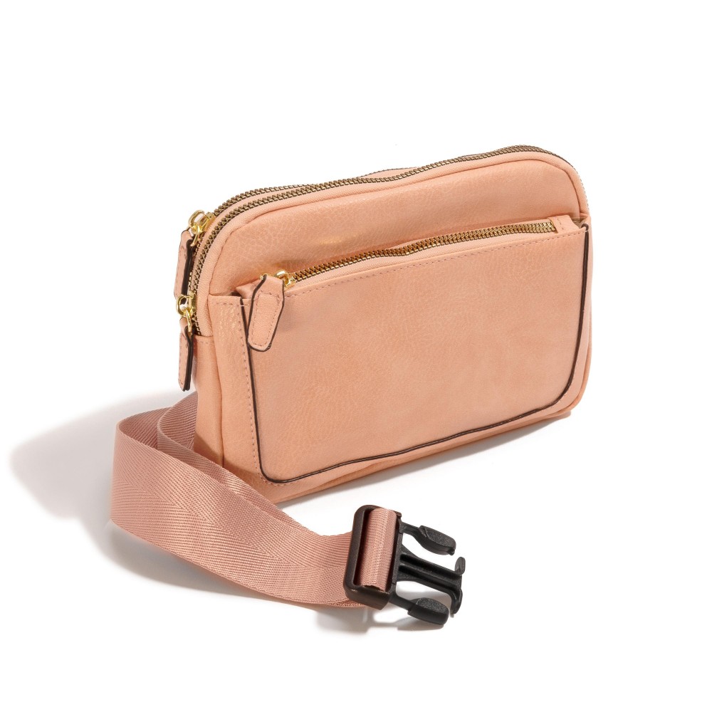 Faux Leather Cross Body Sling Bag With Front Pocket And Adjustable Buckle Strap - Three Zip Pockets - Two Inner Mesh Pockets - Approximately 8.5"W x 6"H x 1.5"D view 4