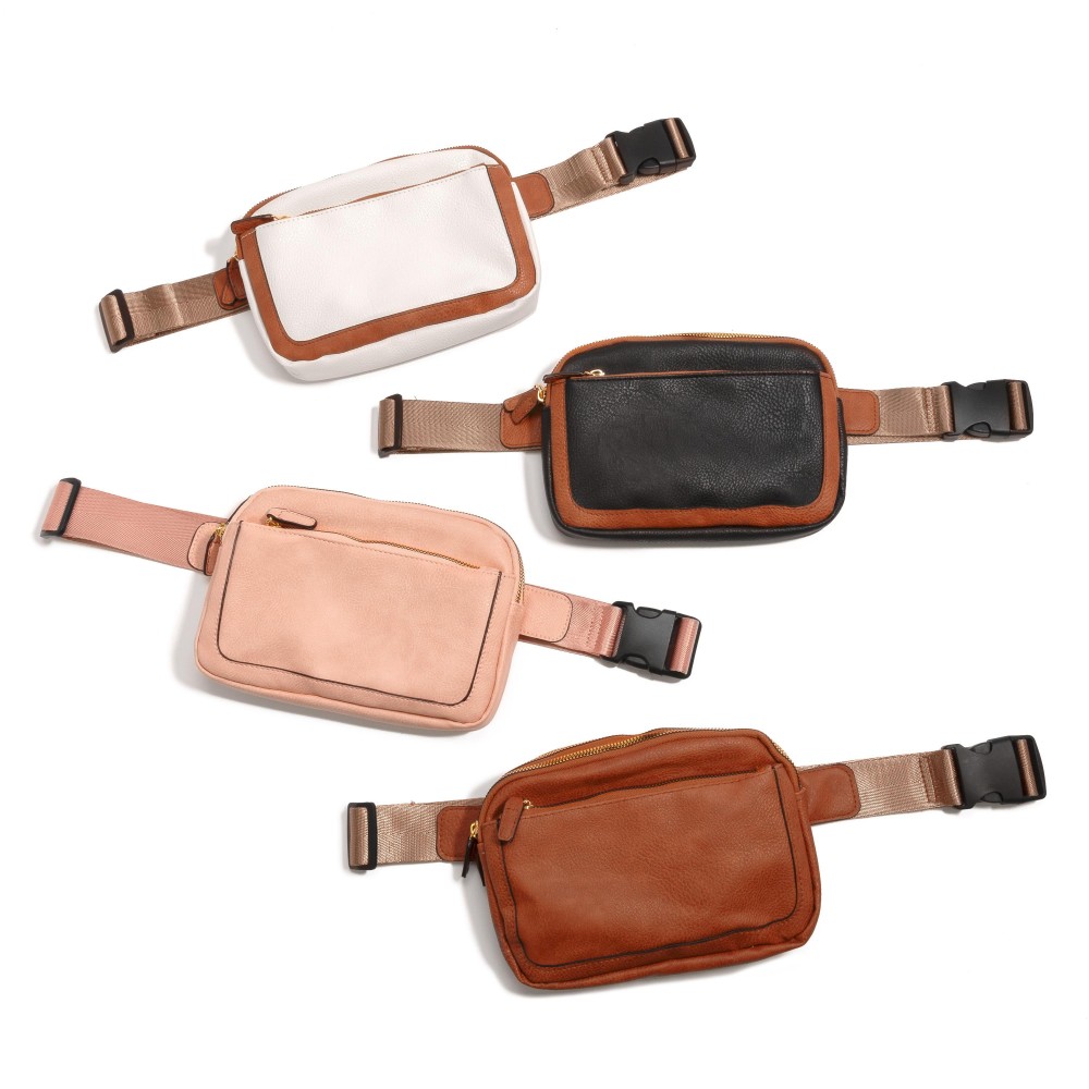 Faux Leather Cross Body Sling Bag With Front Pocket And Adjustable Buckle Strap - Three Zip Pockets - Two Inner Mesh Pockets - Approximately 8.5"W x 6"H x 1.5"D view 6
