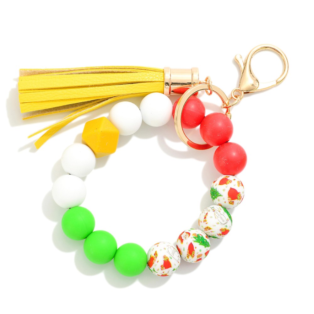 Multi Colored Beaded Bracelet Keyring With Tassel - One Size Fits Most - Approximately 7" L view 2