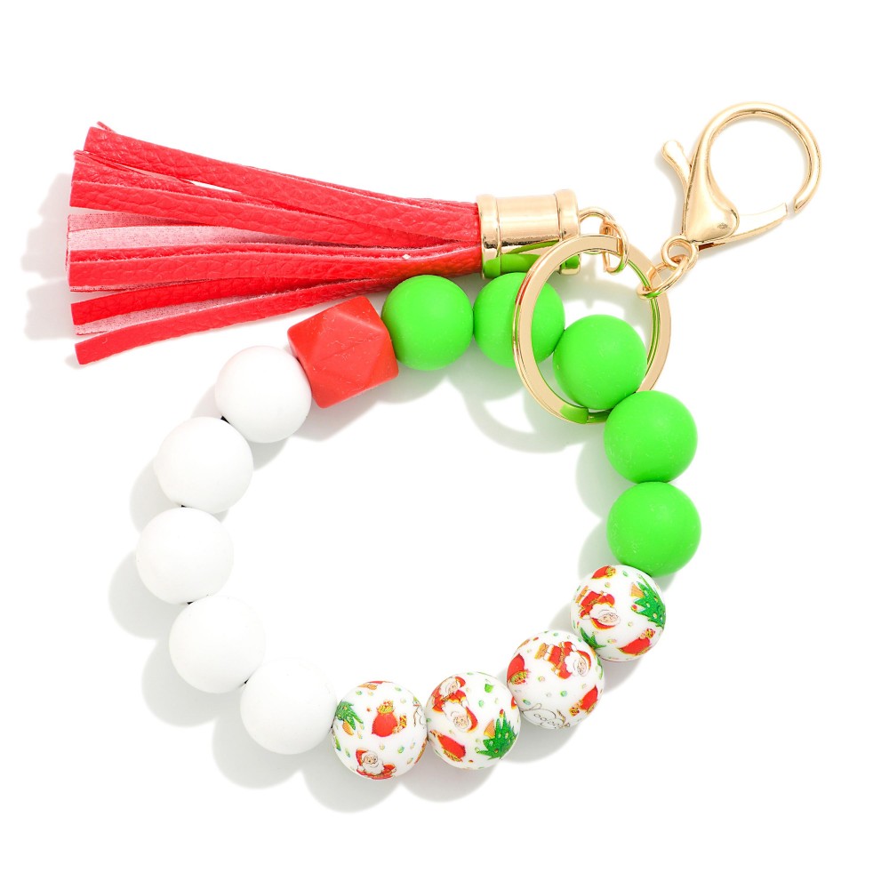 Multi Colored Beaded Bracelet Keyring With Tassel - One Size Fits Most - Approximately 7" L view 2