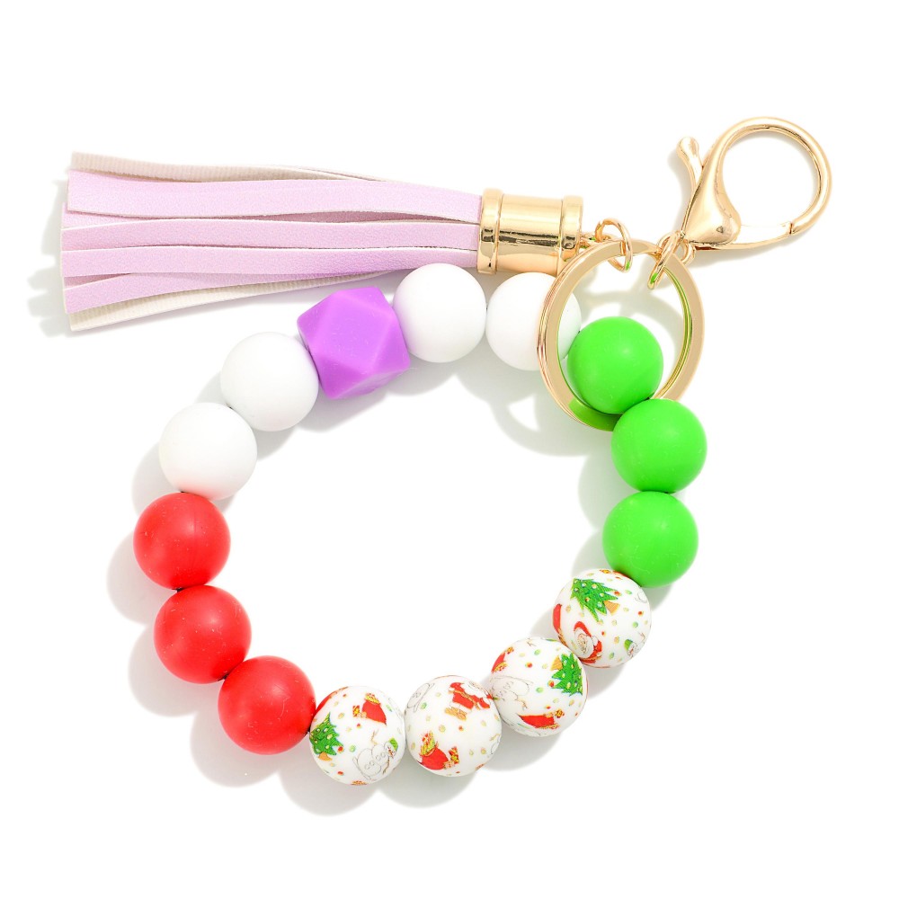 Multi Colored Beaded Bracelet Keyring With Tassel - One Size Fits Most - Approximately 7" L view 2