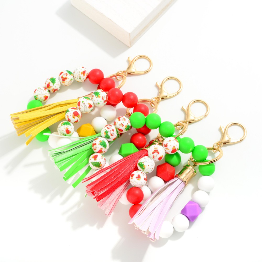 Multi Colored Beaded Bracelet Keyring With Tassel - One Size Fits Most - Approximately 7" L view 4
