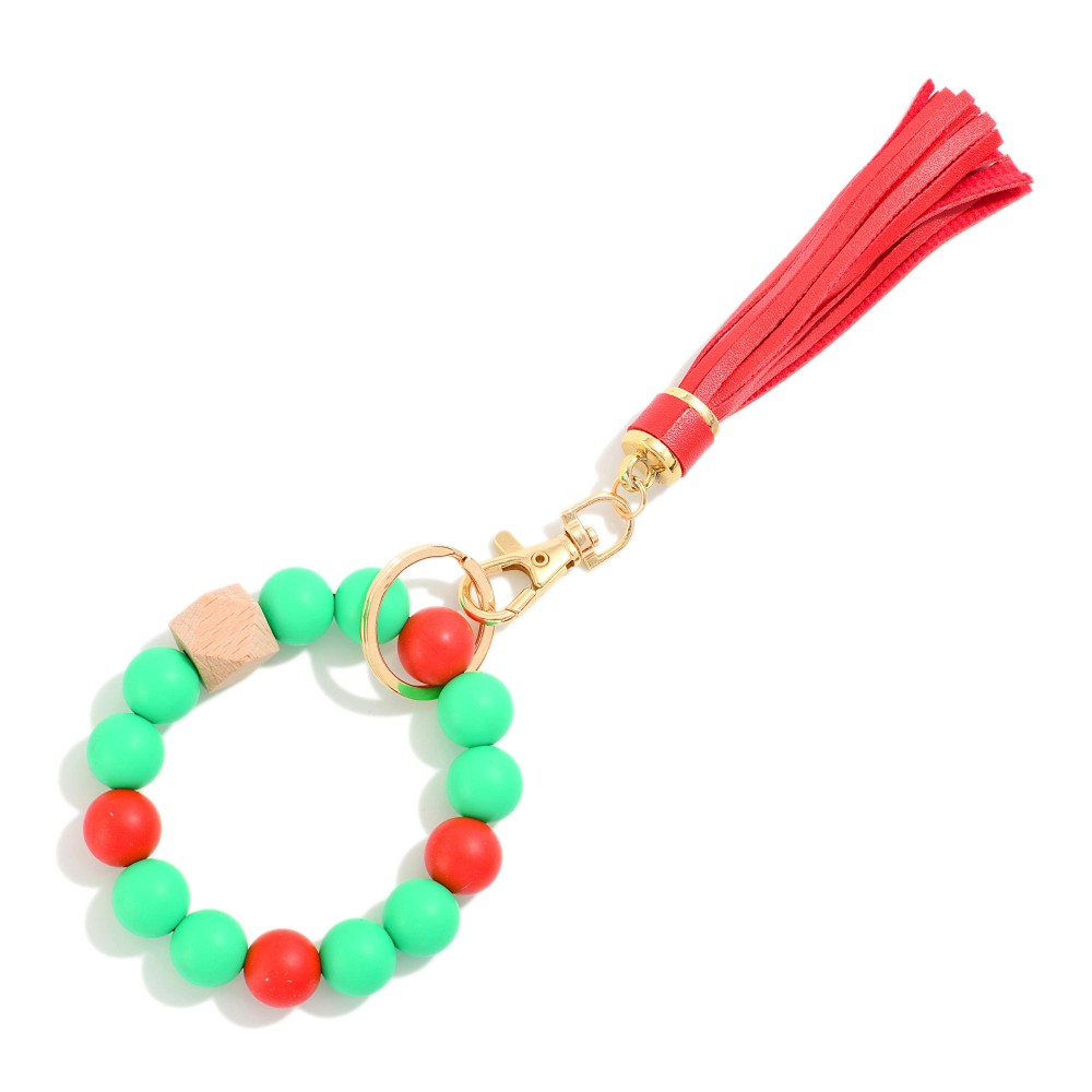 Multi Colored Holiday Beaded Bracelet Keyring With Tassel - One Size Fits Most - Approximately 7" L view 2