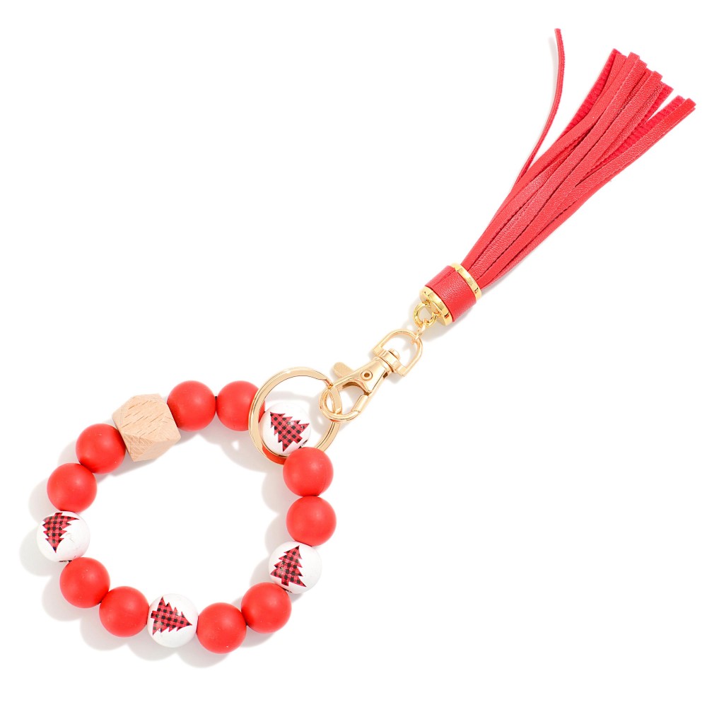 Multi Colored Holiday Beaded Bracelet Keyring With Tassel - One Size Fits Most - Approximately 7" L view 2