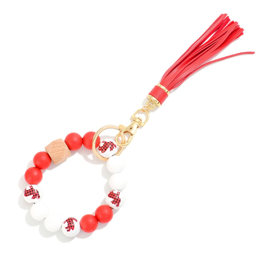 Multi Colored Holiday Beaded Bracelet Keyring With Tassel - One Size Fits Most - Approximately 7" L view 2