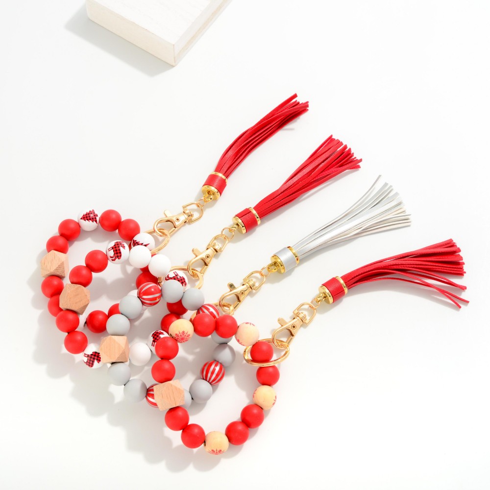 Multi Colored Holiday Beaded Bracelet Keyring With Tassel - One Size Fits Most - Approximately 7" L view 4