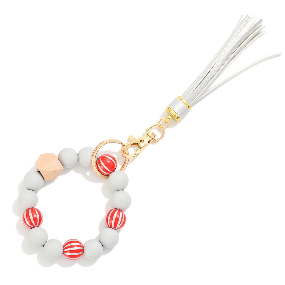 Multi Colored Holiday Beaded Bracelet Keyring With Tassel - One Size Fits Most - Approximately 7" L view 2