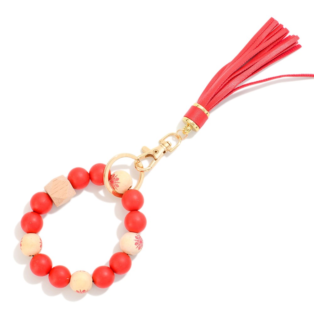 Multi Colored Holiday Beaded Bracelet Keyring With Tassel - One Size Fits Most - Approximately 7" L view 2