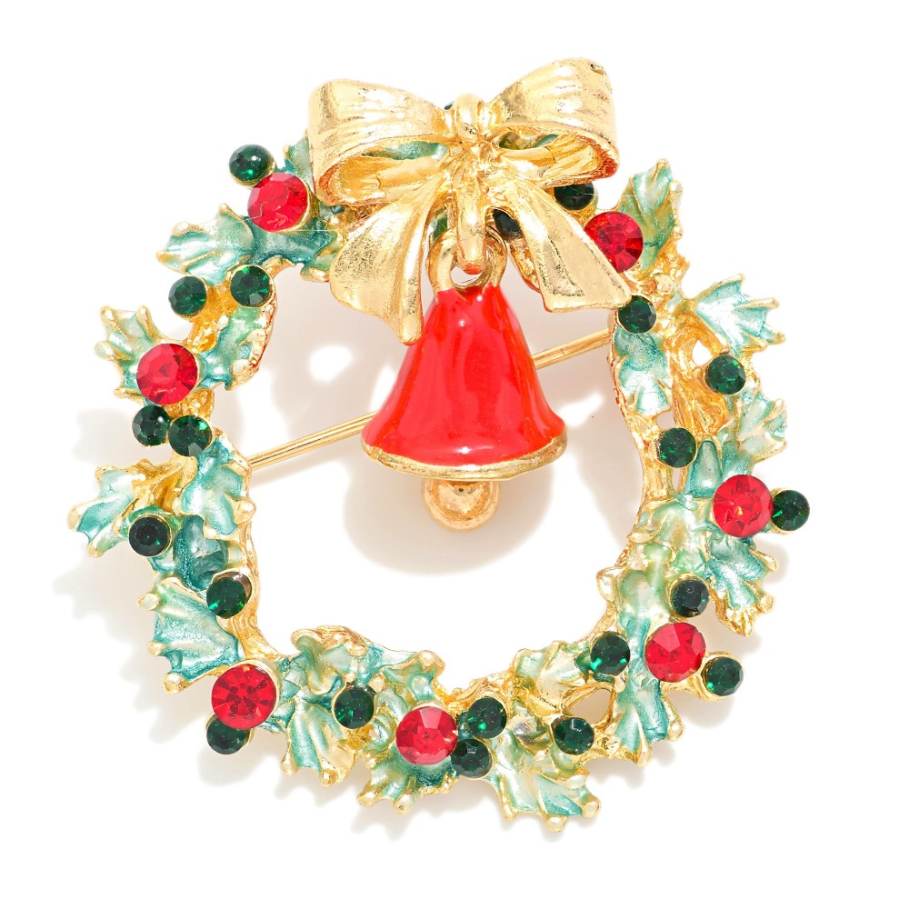 Christmas Wreath With Hanging Bell Broach - Approximately 1.5" L view 2