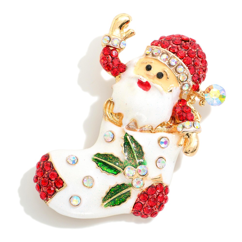 Enamel Christmas Santa Pin Featuring Rhinestones & Glitter Detailing - Approximately 2.5" L view 2