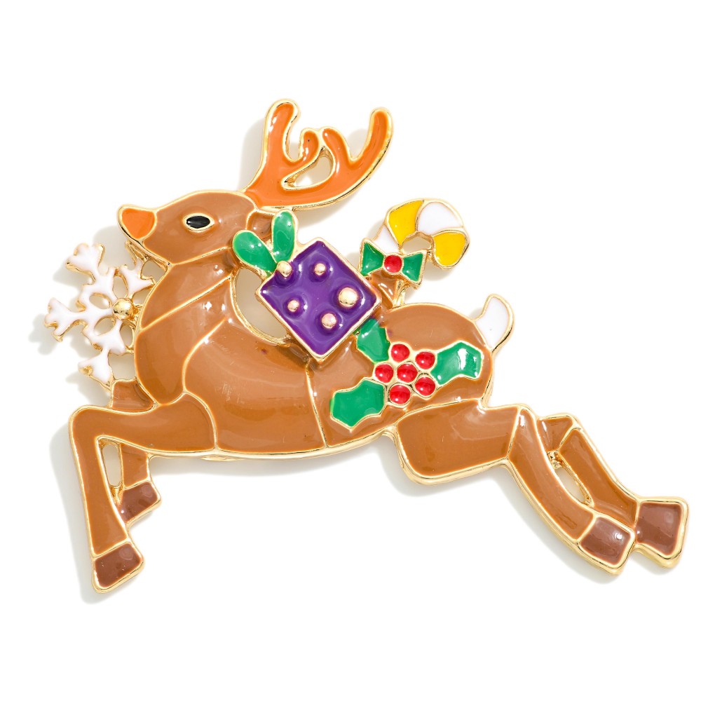 Enamel Christmas Reindeer Holiday Brooch Pin - Approximately 2.5" L - Magnetic Pin view 2