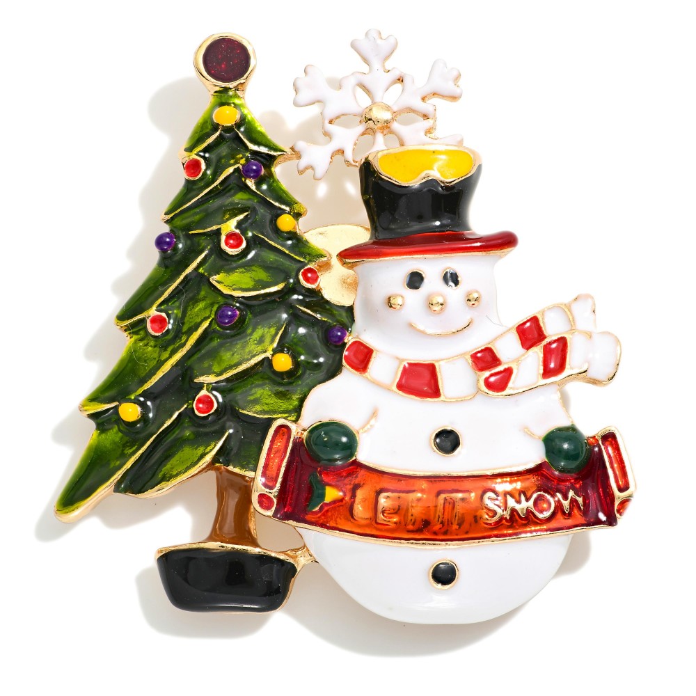 Enamel Christmas Tree & Snowman Holiday Brooch Pin - Approximately 2" L - Magnetic Pin view 2