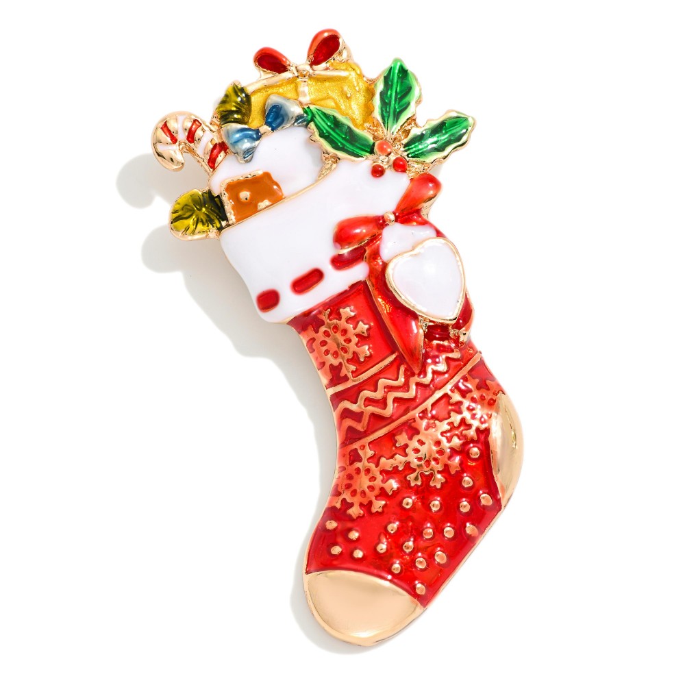 Enamel Christmas Stocking Holiday Brooch Pin - Approximately 2" L - Magnetic Pin view 2