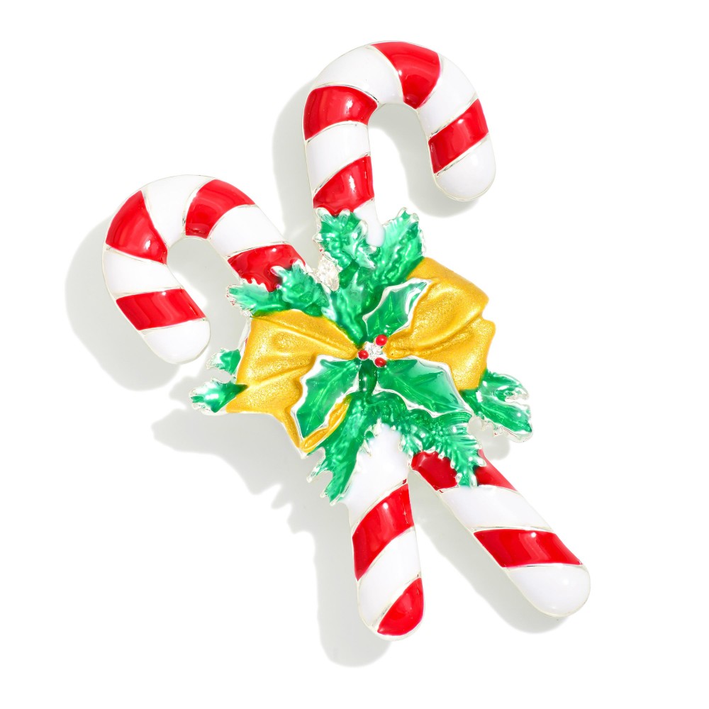 Enamel Christmas Candy Cane Holiday Brooch Pin - Approximately 2.5" L - Magnetic Pin view 2