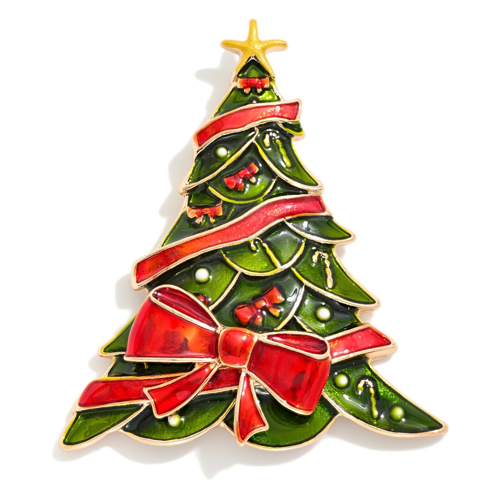 Enamel Christmas Tree Holiday Brooch Pin - Approximately 2.5" L - Magnetic Pin view 2