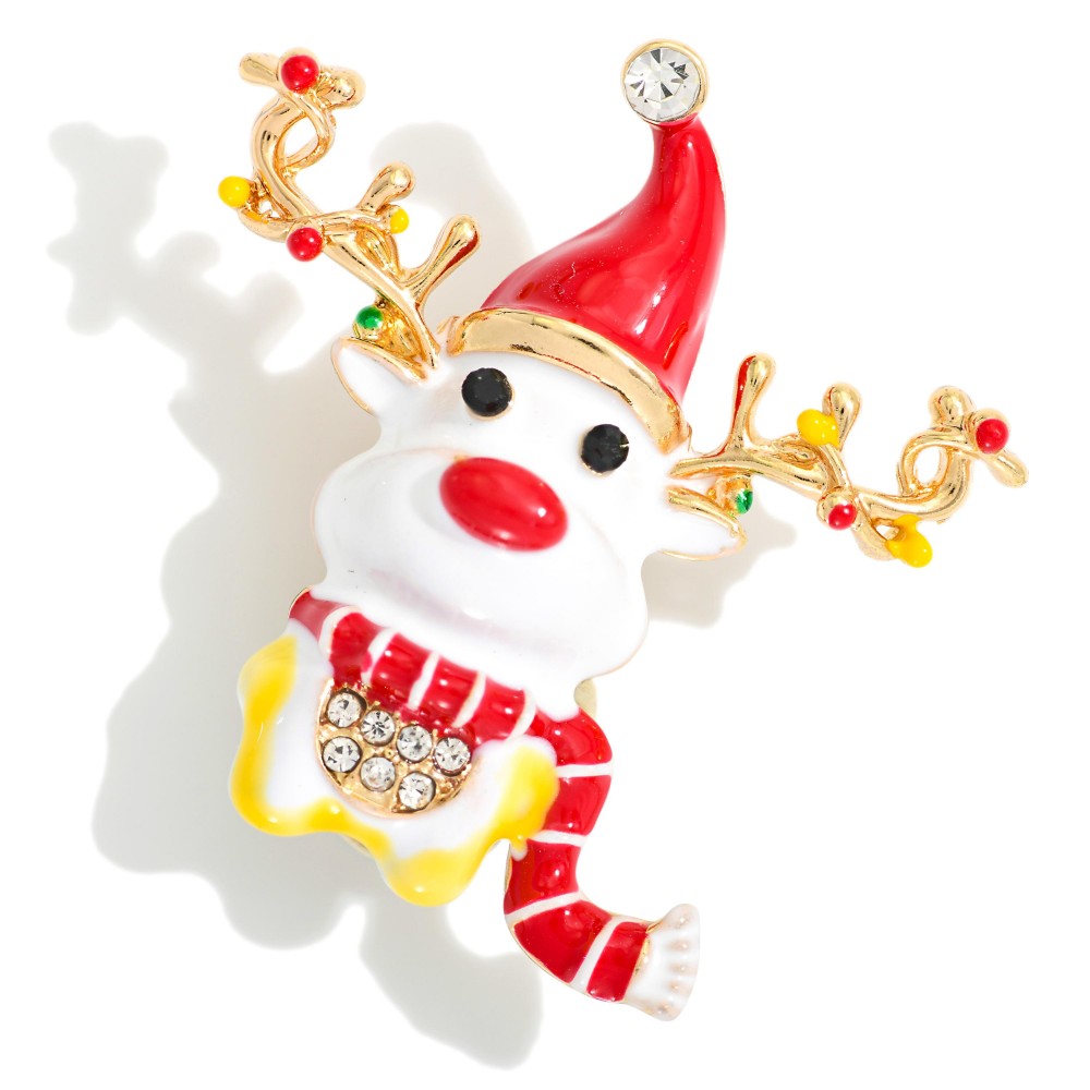 Enamel Christmas Reindeer Brooch Pin Featuring Rhinestones - Approximately 1.5" L view 2