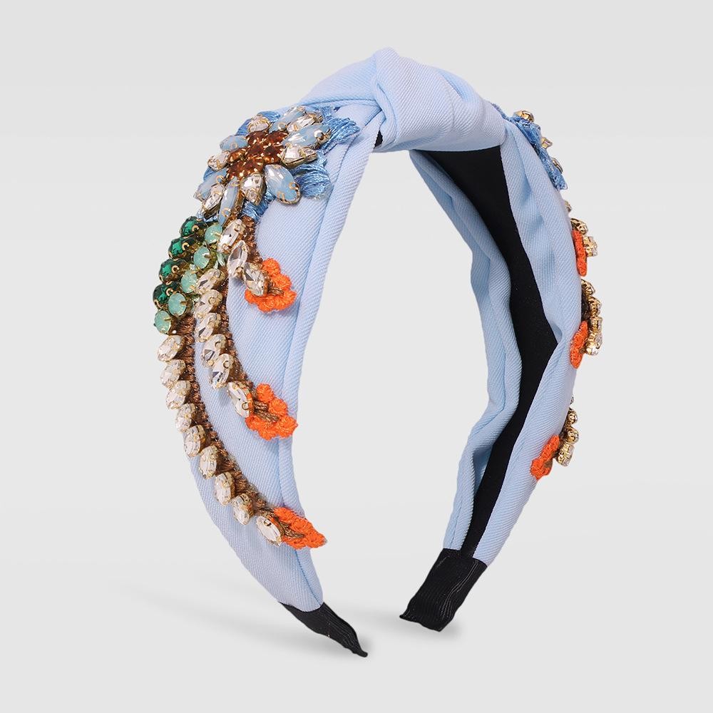 Statement Knotted Headband Featuring Stitched Rhinestone Studded Flowers - One Size Fits Most view 2