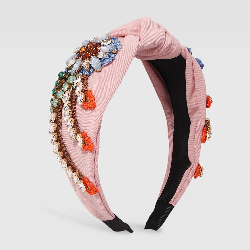Statement Knotted Headband Featuring Stitched Rhinestone Studded Flowers - One Size Fits Most view 2