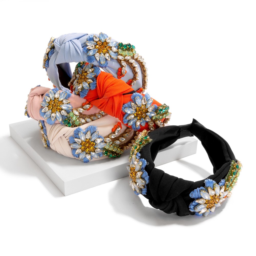 Statement Knotted Headband Featuring Stitched Rhinestone Studded Flowers - One Size Fits Most view 4