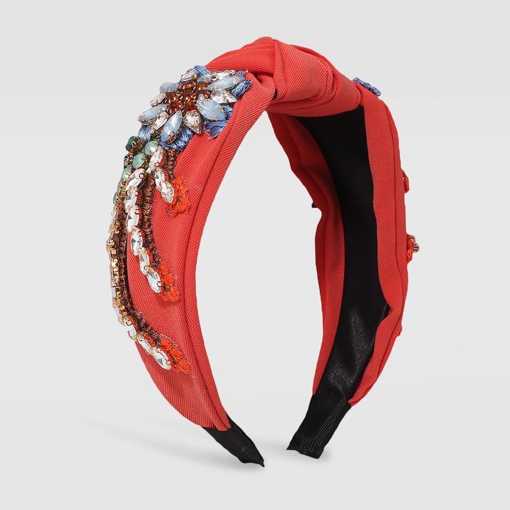 Statement Knotted Headband Featuring Stitched Rhinestone Studded Flowers - One Size Fits Most view 2