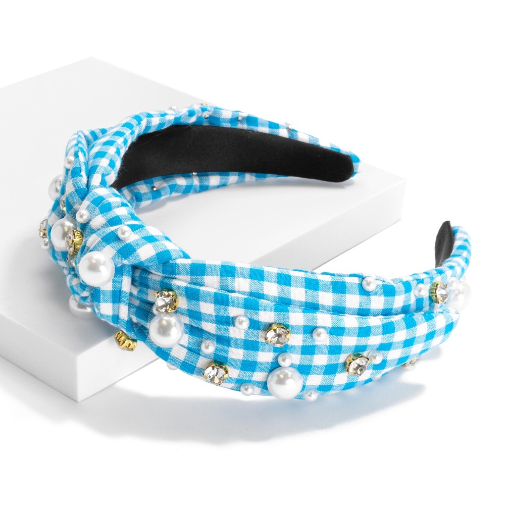 Plaid Knotted Headband With Rhinestone and Pearl Details - One Size Fits Most view 2