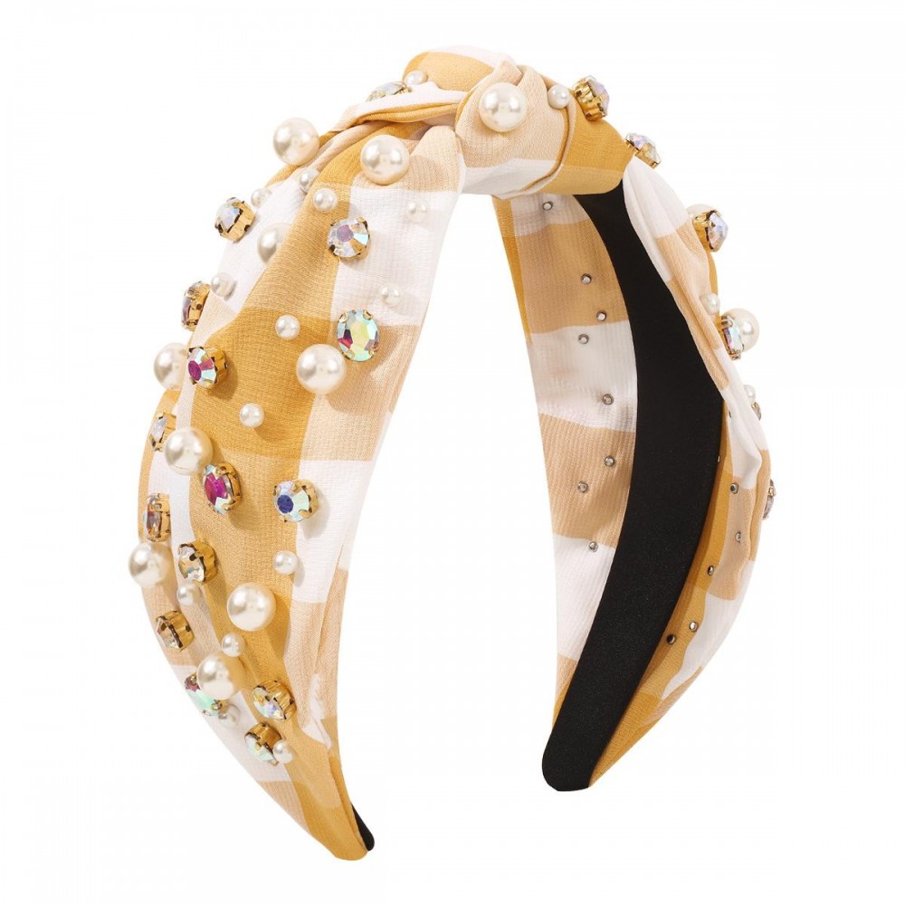 Rhinestone And Pearl Studded Plaid Headband With Top Knot Detail - One Size Fits Most view 2