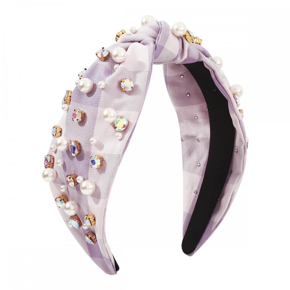 Rhinestone And Pearl Studded Plaid Headband With Top Knot Detail - One Size Fits Most view 2