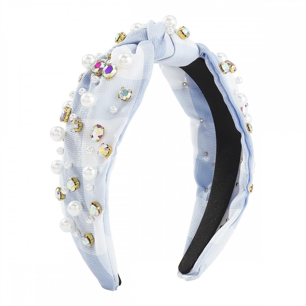 Rhinestone And Pearl Studded Plaid Headband With Top Knot Detail - One Size Fits Most view 2