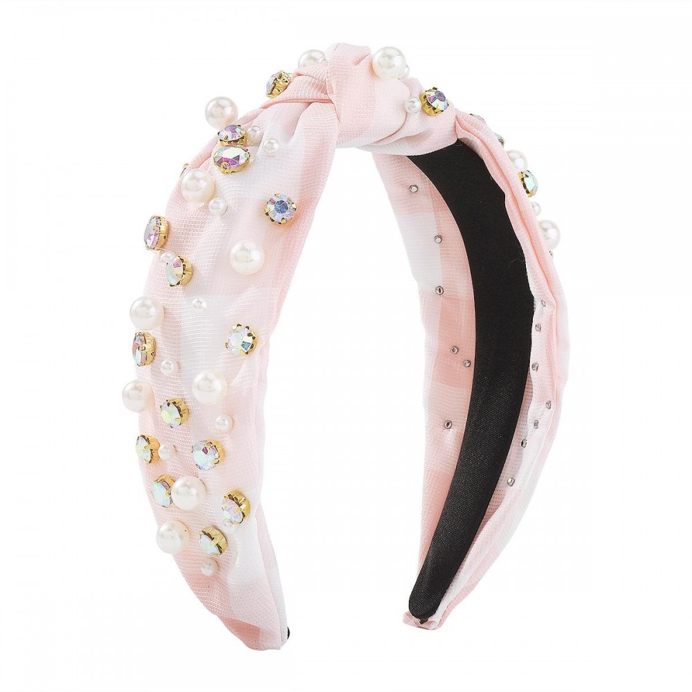 Rhinestone And Pearl Studded Plaid Headband With Top Knot Detail - One Size Fits Most view 2