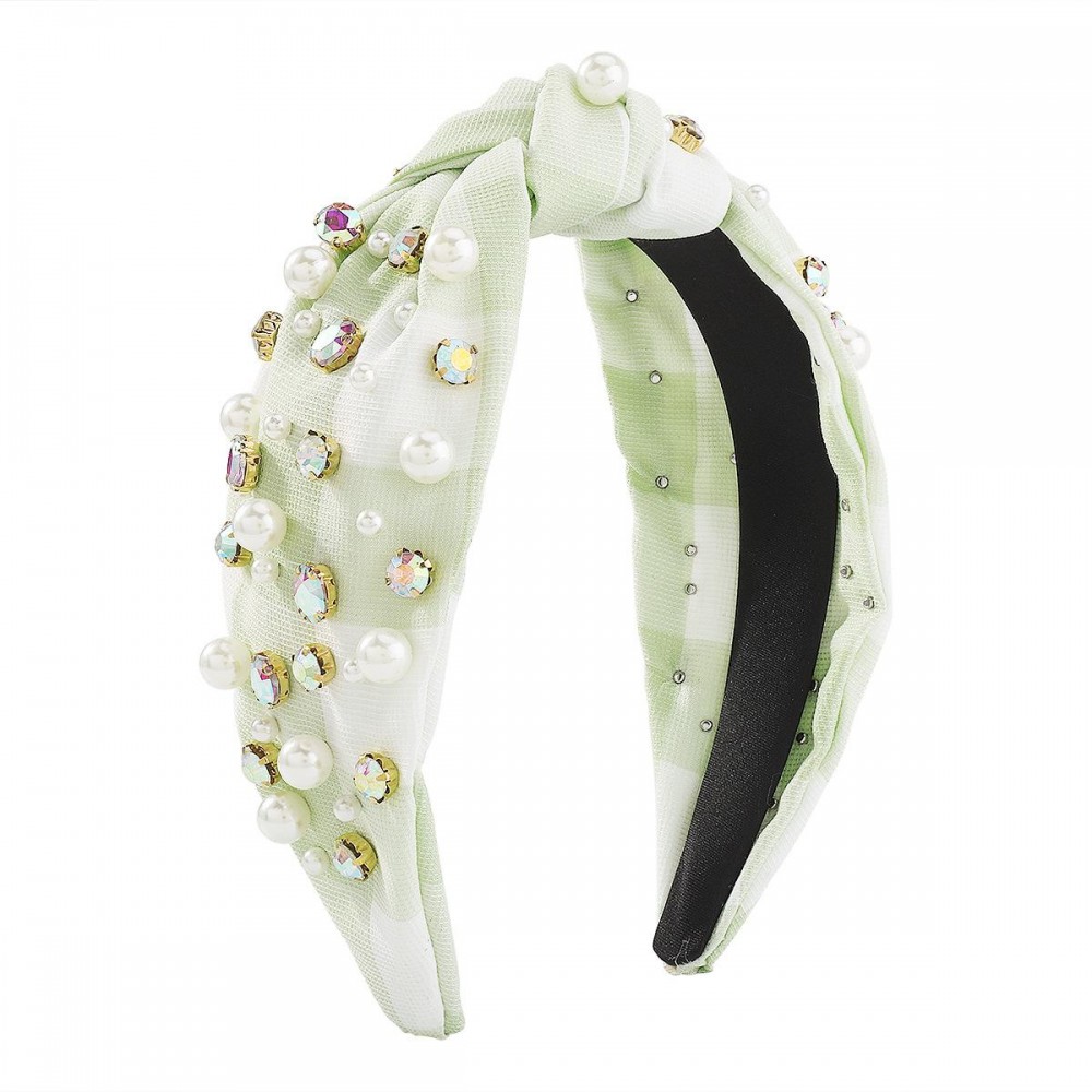 Rhinestone And Pearl Studded Plaid Headband With Top Knot Detail - One Size Fits Most view 2