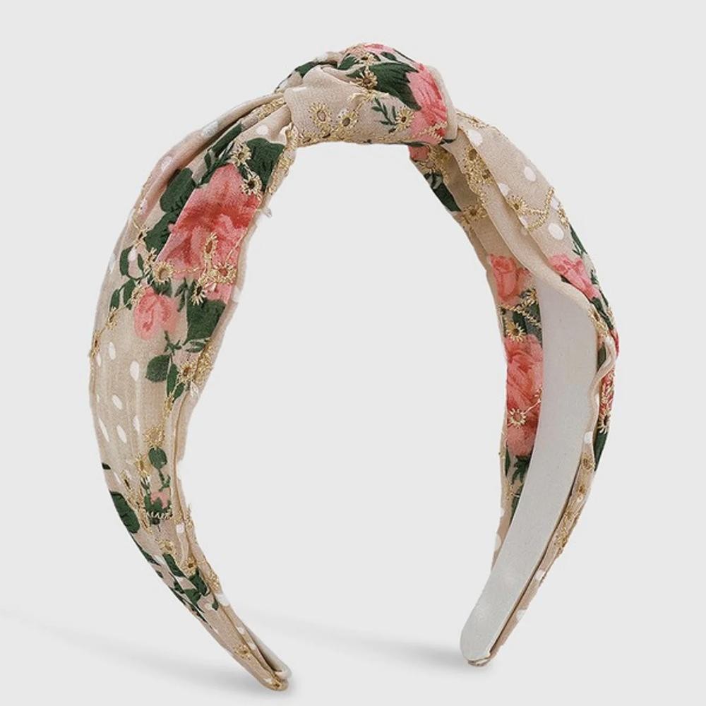 Floral Print Headband With Embroidered & Top Knot Details - One Size Fits Most view 2
