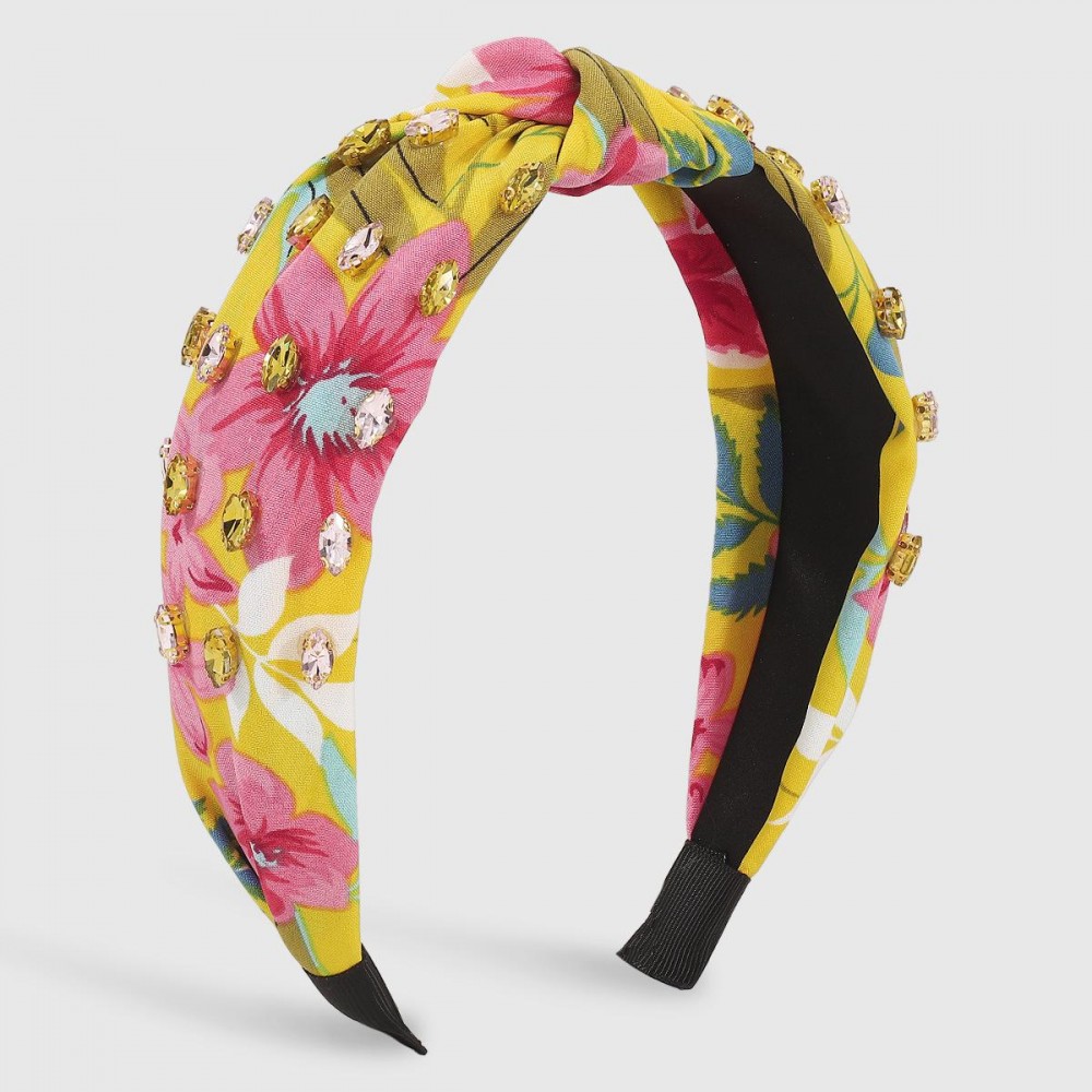 Floral Printed Top Knot Headband with Rhinestone Details - One Size Fits Most view 2