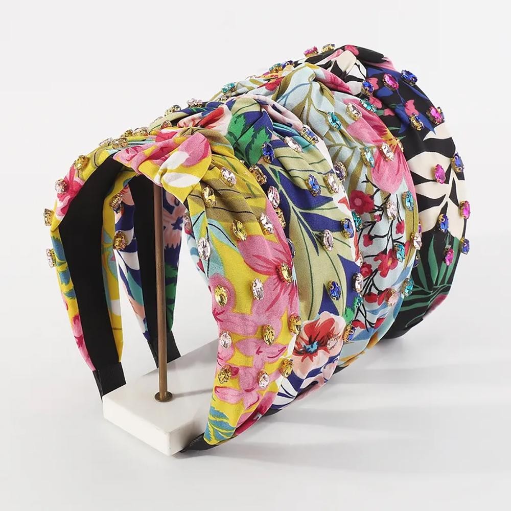 Floral Printed Top Knot Headband with Rhinestone Details - One Size Fits Most view 4