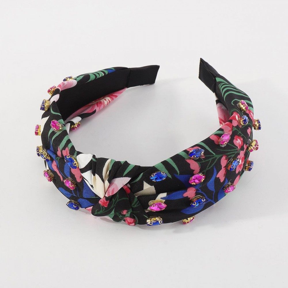 Floral Printed Top Knot Headband with Rhinestone Details - One Size Fits Most view 2
