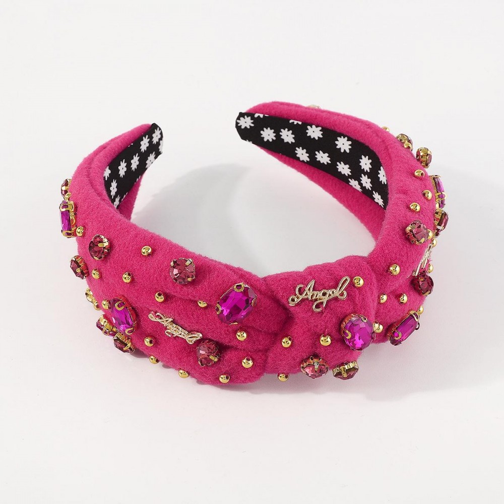 Fuzzy Knotted Headband Featuring Rhinestone Studs and "Angel" Emblems - One Size Fits Most view 2