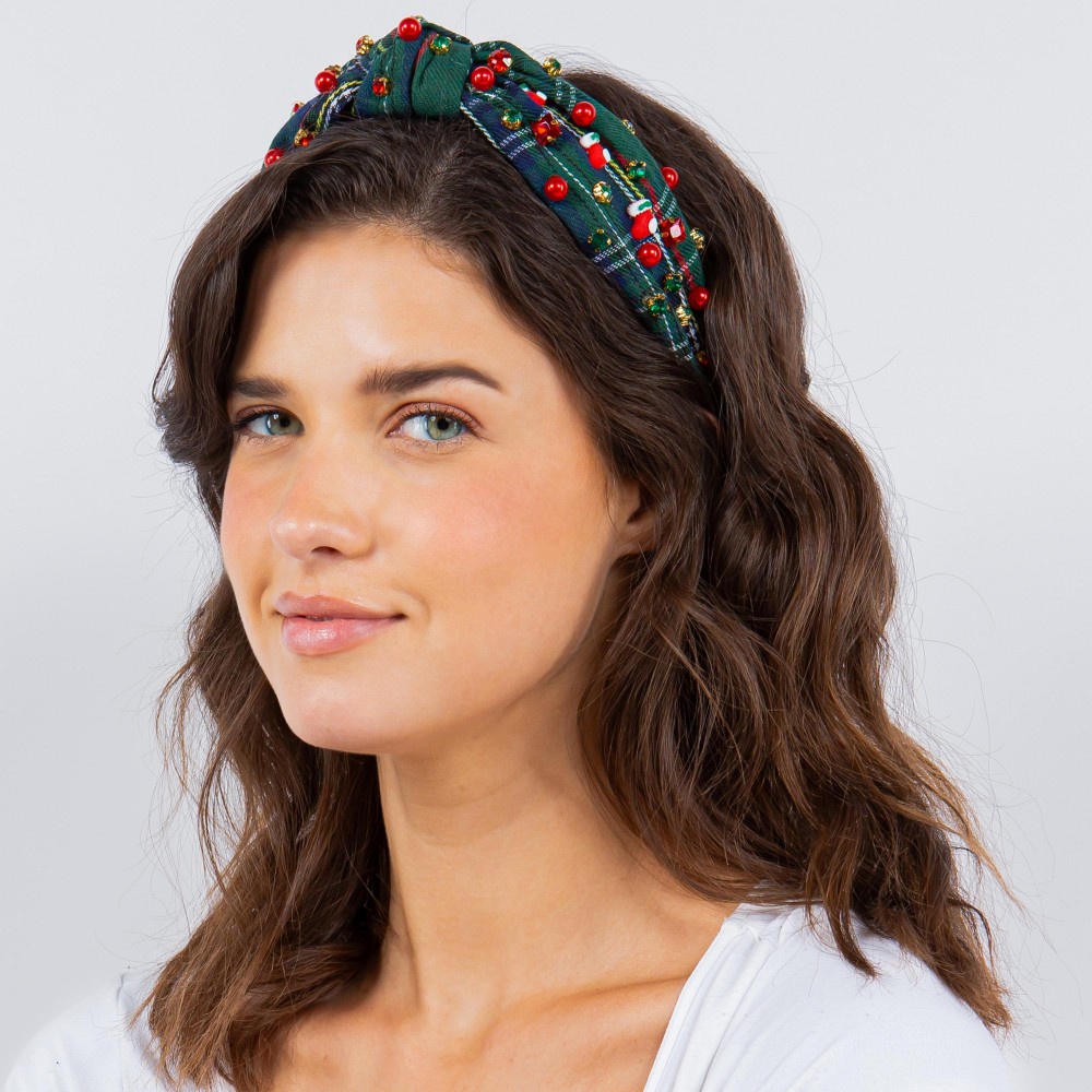 Plaid Holiday Beaded Headband With Stocking Charms and Rhinestone Accents - One Size Fits Most view 2