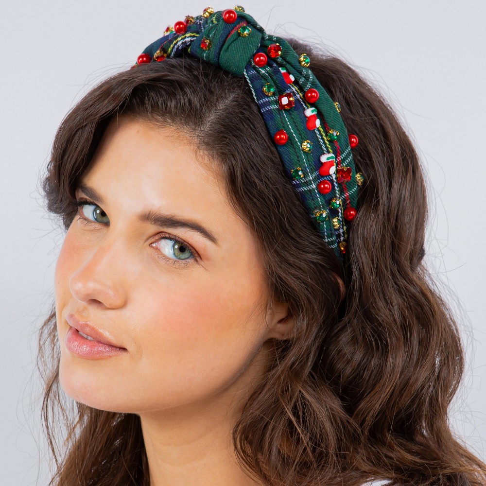 Plaid Holiday Beaded Headband With Stocking Charms and Rhinestone Accents - One Size Fits Most view 4