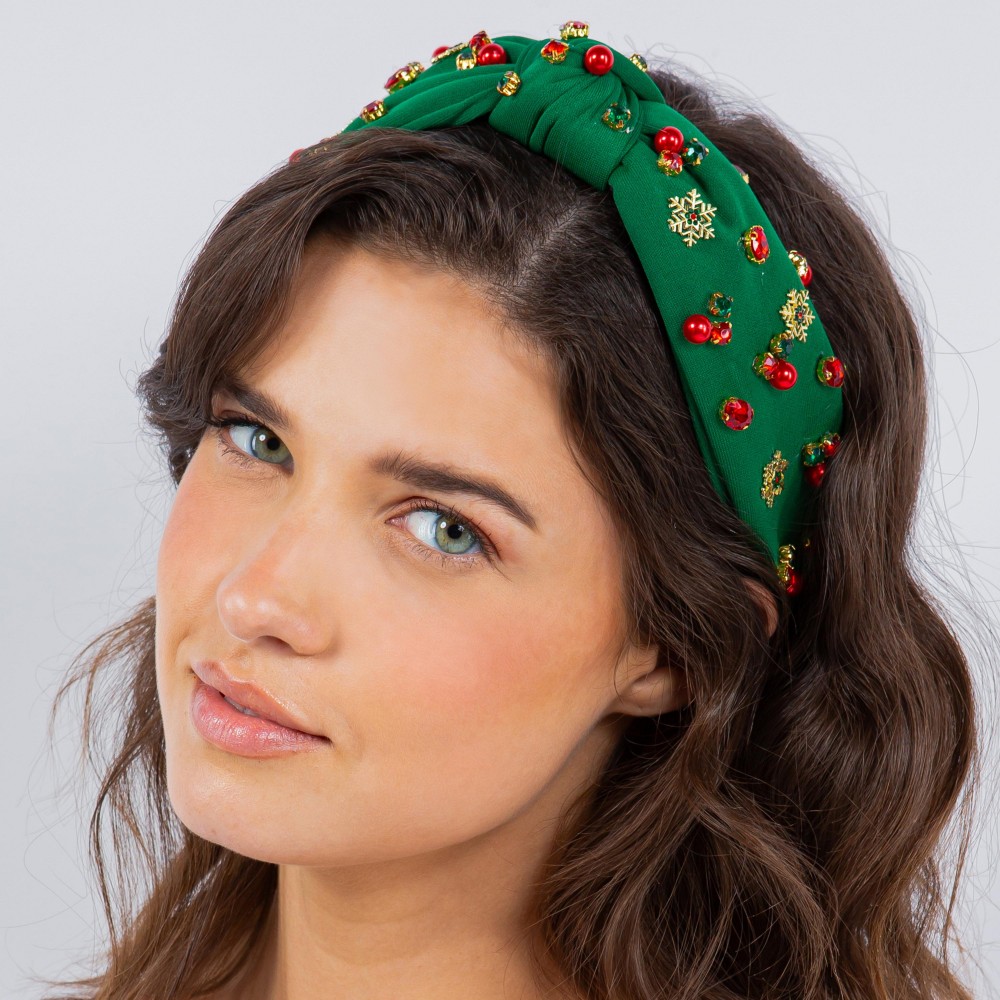 Top Knot Holiday Headband With Gold Tone Snowflakes and Rhinestone Accents - One Size Fits Most view 4